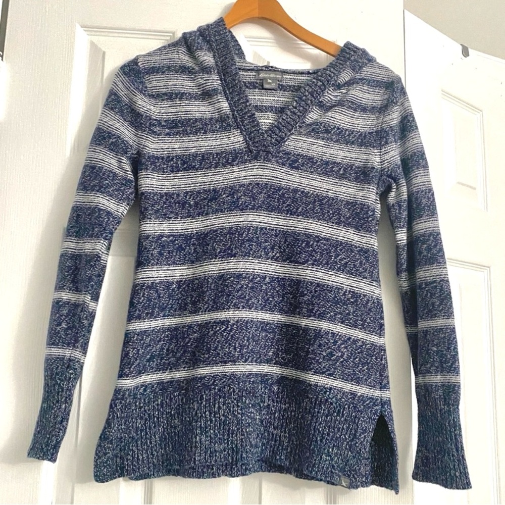 EDDIE BAUER V-Neck Notch Blue Grey Striped Hood Pullover Sweater Size X-Small